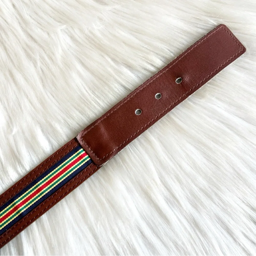 Lacoste Vintage Brown Leather Striped Belt Silver Buckle 1980s 37-38.5 Unisex
